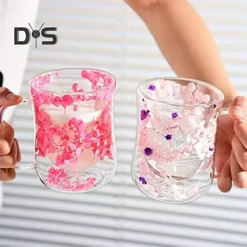 220/300 мл Двойные стеклянные чашки с изолированной ручкой Прозрачные стеклянные кофейные кружки Термостойкие цветочные кружки для чая S C