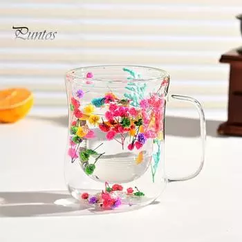 220/300 мл Двойные стеклянные чашки с изолированной ручкой Прозрачные стеклянные кофейные кружки Термостойкие цветочные кружки для чая S B