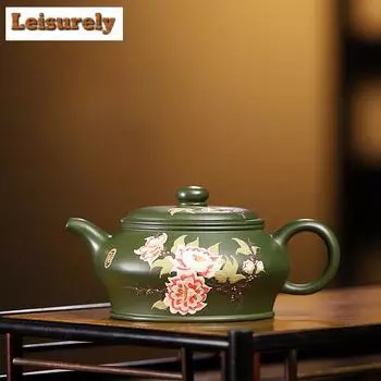 220 мл антикварные чайники из фиолетовой глины Исин, ручная работа, красивый цветной чайник с рисунком из сырой руды, зеленый глиняный чайник, чайный сервиз Zisha, посуда для питья