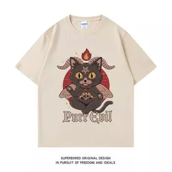 220GSM Тяжелая футболка из 100% хлопка Футболка Purr Evil Print Мужская повседневная футболка с круглым вырезом Базовые мужские топы Футболка