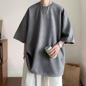 220gsm Тяжелая футболка Мужская летняя замшевая футболка с коротким рукавом в американском стиле High Street Vintage OversizeT M белый