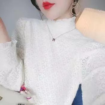 2228 Plus бархатный кружевной топ: Осенне-зимняя модная рубашка с длинным рукавом и полуворотом L [Recommended 105-114 lbs]