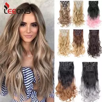 22 дюйма, 16 заколок для наращивания волос, длинная вьющаяся прическа, синтетические омбре, светлые, черные шиньоны, термостойкие накладные волосы