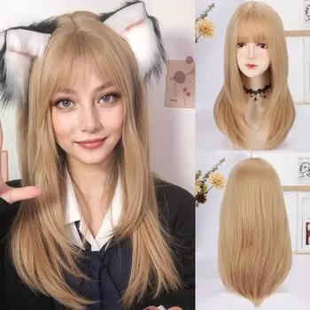 22-дюймовый длинный прямой парик с челкой, синтетическое волокно, термостойкий, не бликующий, натуральный, для косплея, для женщин, для ежедневного использования, корейская мода 22inches золотой