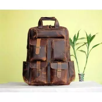 22-дюймовый кожаный рюкзак для мужчин, большая сумка для ноутбука, дневной пакет, офисная сумка, подарок, мужская и женская дорожная сумка, ручная кладь для 2 ноутбуков, много карманов 22 x 14 x 5 in коричневый