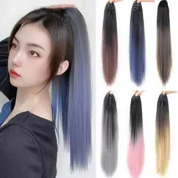 22-дюймовый синтетический длинный прямой хвостик-когти на заколках для наращивания волос черный с бликами синий серый парик-хвост для женщин