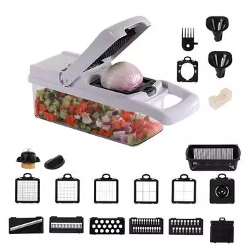 22 в 1 овощерезка с контейнером и крышкой, ручная самоочищающаяся мини-овощерезка серый