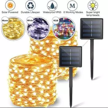 22M 200 светодиодный светильник на солнечной энергии, сказочные гирлянды, уличные рождественские вечерние, свадебные украшения для сада 12m 100LED теплый белый