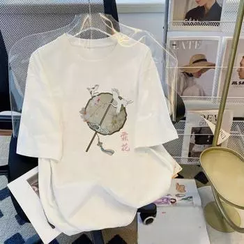 230 г хлопок, национальный модный стиль, свободная футболка с короткими рукавами, летний женский топ с круглым вырезом S