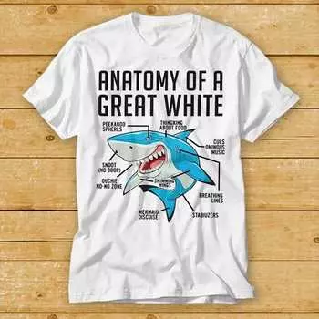 230 г/м2 100% хлопок Акула Анатомия большой белой футболки Винтажная футболка Классный подарок Забавный стиль Дизайн Ограниченная серия Топ Футболка 2425 XXS белый