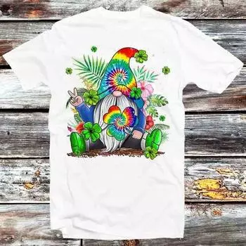 230 г/м2 100% хлопок хиппи гном тай-дай хиппи клевер день святого патрика трилистник футболка винтаж ретро подарок унисекс мультфильм аниме топ футболка B1158 XXS белый