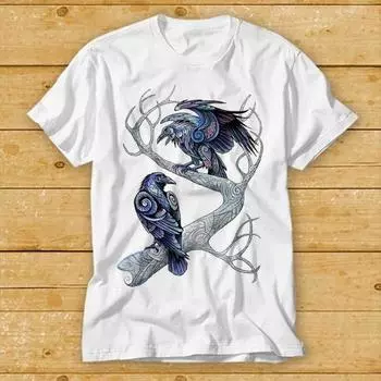 230 г/м 100% хлопок футболка с изображением воронов Хугина и Мунина из скандинавской мифологии, бога викингов Одина, ворона, культового фильма, ретро, винтажной музыки 2359 XXS белый