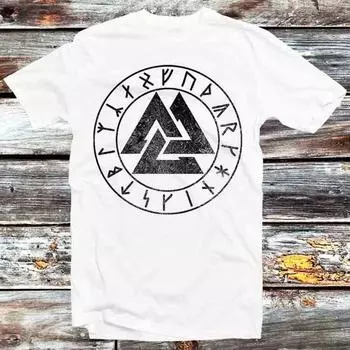 230 Gsm 100% Cotton Asgard Odin Knot Runes Circle Vikings Pagan Mythology T Shirt Vintage Retro Gift Mens Womens Unisex Cartoon Anime Top Tee B1181 XXS белый