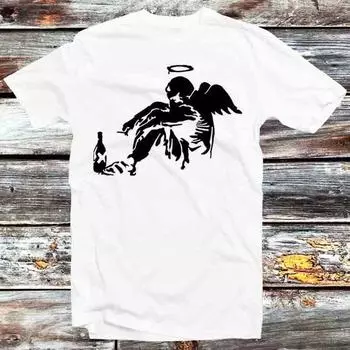 230 Gsm 100% Cotton Banksy Fallen Angel T Shirt Vintage Retro Gift Mens Womens Unisex Cartoon Anime Top Tee B1203 XXS белый