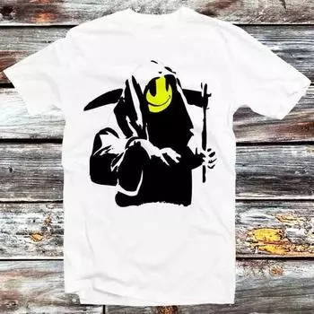 230 Gsm 100% Cotton Banksy Happy Smiling Grim Reaper T Shirt Vintage Retro Gift Mens Womens Unisex Cartoon Anime Top Tee B1211 XXS белый