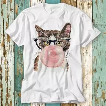 230 Gsm 100% Cotton Cat With Gum Art T Shirt Top Design Unisex Ladies Mens Tee Retro Fashion Vintage Shirt S814 XXS белый