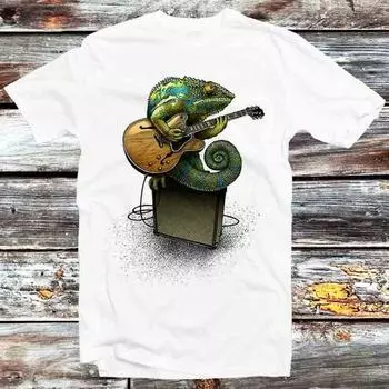 230 Gsm 100% Cotton Chameleon Plays The Guitar T Shirt Vintage Retro Cool Gift Mens Womens Unisex Cartoon Anime Top Tee B691 XXS белый