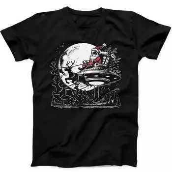 230 Gsm 100% Cotton Christmas Retro Alien Santa Claus Reindeer And Ufo Funny Gift Black T Shirt B214 XXS чёрный