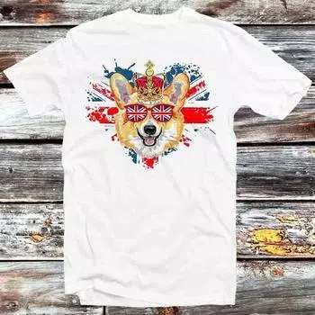 230 Gsm 100% Cotton Corgi British Dog Union Jack Flag England Crown Queen Jubilee Best Seller T Shirt Retro Meme Gift Unisex Anime Manga Top Tee B1421 XXS белый