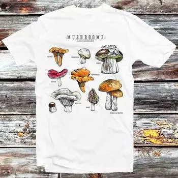 230 Gsm 100% Cotton Edible Wild Mushroom Herbs Plants T Shirt Vintage Retro Cool Gift Mens Womens Unisex Cartoon Anime Top Tee B770 XXS белый