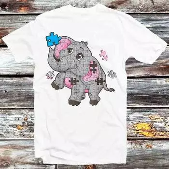 230 Gsm 100% Cotton Elephant Puzzle Autism Awareness Gift Kids Asd T Shirt Vintage Retro Cool Gift Mens Womens Unisex Cartoon Anime Top Tee B1096 XXS белый