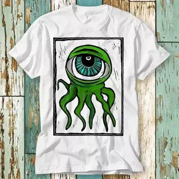 230 Gsm 100% Cotton Eyeball Octopus Monster Green Woodcut T Shirt Top Design Unisex Ladies Mens Tee Retro Fashion Vintage Shirt S891 XXS белый