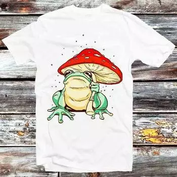 230 Gsm 100% Cotton Frog Star With A Magic Mushroom Umbrella T Shirt Vintage Retro Cool Gift Mens Womens Unisex Cartoon Anime Top Tee B776 XXS белый