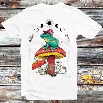 230 Gsm 100% Cotton Frog Wizard On Mushroom Phase Of Moon T Shirt Vintage Retro Cool Gift Mens Womens Unisex Cartoon Anime Top Tee B1097 XXS белый