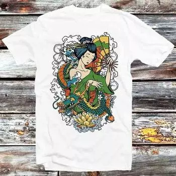 230 Gsm 100% Cotton Geisha I Tokyo Japan Japanese Art Dragon Flowers T Shirt Vintage Retro Cool Gift Mens Womens Unisex Cartoon Anime Top Tee B777 XXS белый