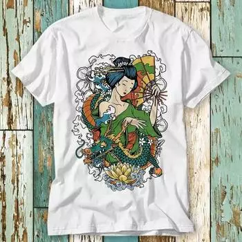 230 Gsm 100% Cotton Geisha Tokyo Japan Japanese Art Dragon Flowers T Shirt Top Design Unisex Ladies Mens Tee Retro Fashion Vintage Shirt S723 XXS белый