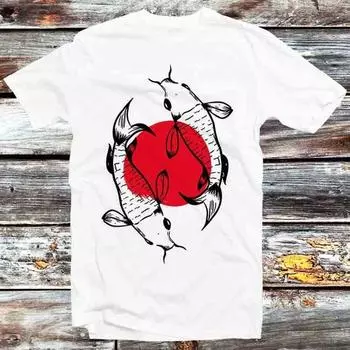 230 Gsm 100% Cotton Japanese Koi Fish Sunset Blossom Limited Red Edition T Shirt Vintage Retro Cool Gift Unisex Cartoon Anime Manga Top Tee B1302 XXS белый
