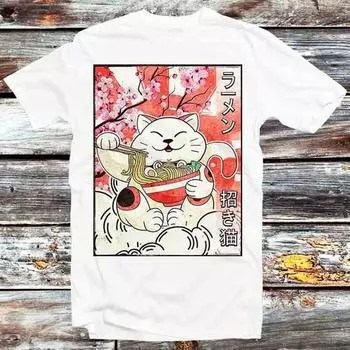 230 Gsm 100% Cotton Japanese Noodles Maneki Neko Cat Ramen T Shirt Vintage Retro Gift Mens Womens Unisex Cartoon Anime Top Tee B1252 XXS белый