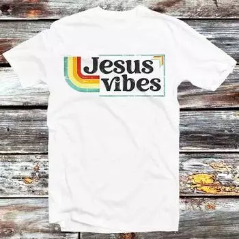 230 Gsm 100% Cotton Jesus Vibes Good Christian 70S Retro T Shirt Vintage Retro Cool Gift Mens Womens Unisex Cartoon Anime Top Tee B607 XXS белый