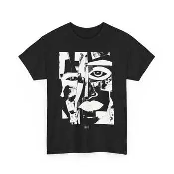 230 Gsm 100% Cotton Mad 006 Techno Tee Shirt Faces Collage Minimalist Aesthetics Photocopy And Line Art Shirt In 3 Colorways XXS чёрный