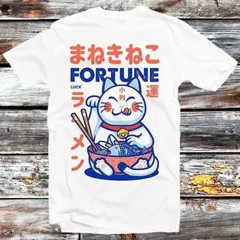 230 Gsm 100% Cotton Maneki Neko Fortune Lucky Cat Ramen T Shirt Vintage Retro Cool Gift Mens Womens Unisex Cartoon Anime Top Tee B822 XXS белый