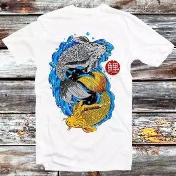 230 Gsm 100% Cotton Mentahan Ikan Koi Fish Japan Yin Yang T Shirt Vintage Retro Cool Gift Mens Womens Unisex Cartoon Anime Top Tee B825 XXS белый