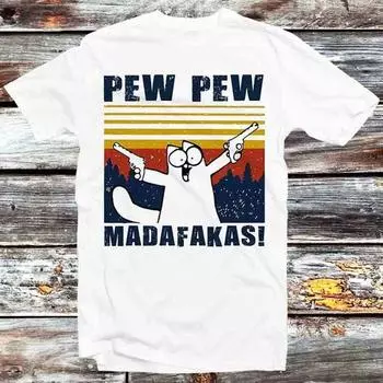 230 Gsm 100% Cotton Pew Pew Madafakas Funny Design Cat Drawing T Shirt Vintage Retro Cool Gift Mens Womens Unisex Cartoon Anime Top Tee B661 XXS белый