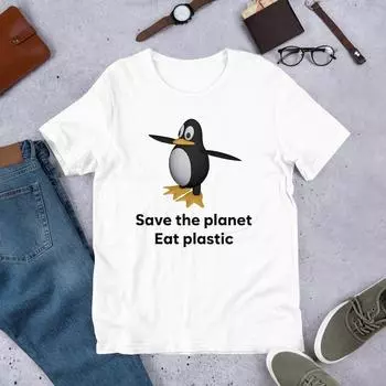 230 Gsm 100% Cotton Save The Earth Eat Plastic Funny Meme Shirt Ironic Shirt Penguin Lover Gift Oddly Specific Unhinged Shirt Cursed Cringe XXS белый