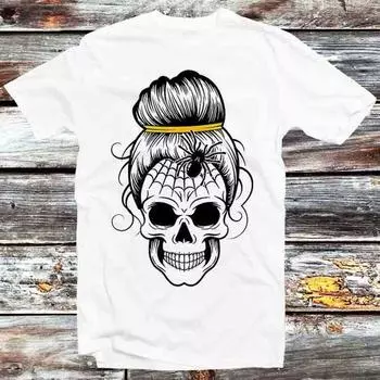 230 Gsm 100% Cotton Sugar Skull Messy Bun Fun Halloween Spider T Shirt Vintage Retro Gift Mens Womens Unisex Cartoon Anime Top Tee B1136 XXS белый