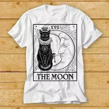 230 Gsm 100% Cotton Tarot Card Xvii The Moon Egypt Black Cat Best Seller Gift Tee T Shirt 1960 XXS белый