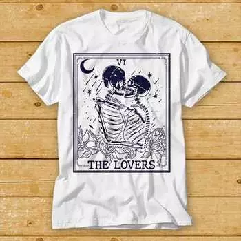 230 Gsm 100% Cotton The Lovers Skeleton Tarot Card Vi Best Seller Gift Tee T Shirt 1961 XXS белый