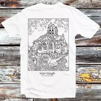 230 Gsm 100% Cotton Van Gogh The Church At Auvers One Line Abstract Art T Shirt Vintage Retro Meme Gift Unisex Anime Manga Top Tee B1380 XXS белый