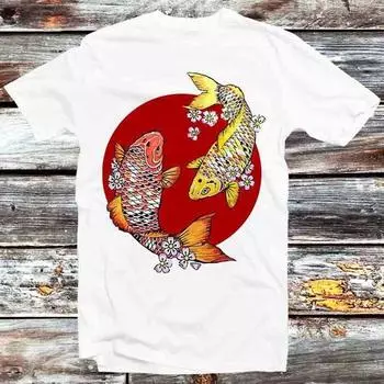 230 Gsm 100% Cotton Yin Yang Koi Fish Red Sunset T Shirt Vintage Retro Cool Gift Mens Womens Unisex Cartoon Anime Top Tee B1063 XXS белый