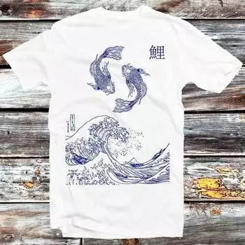 230 Gsm 100% Cotton Yin Yang The Great Wave Off Koi Fish Limited Edition T Shirt Vintage Retro Cool Gift Mens Womens Unisex Cartoon Anime Top Tee B578 XXS белый