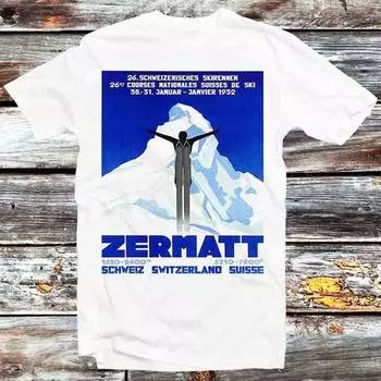 230 Gsm 100% Cotton Zermatt Switzerland Vintage Ski Poster T Shirt Vintage Retro Gift Mens Womens Unisex Cartoon Anime Top Tee B1143 XXS белый