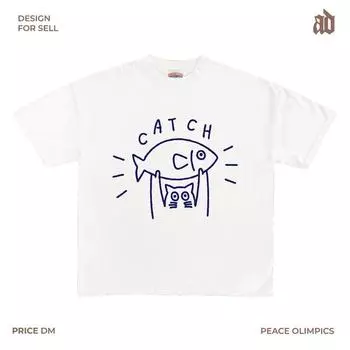 230G Lightweight Shoulder Cat Catch Fish Interesting Illustration round Neck T-shirt Cute Vitality Easiest for Match Summer Selected White XL