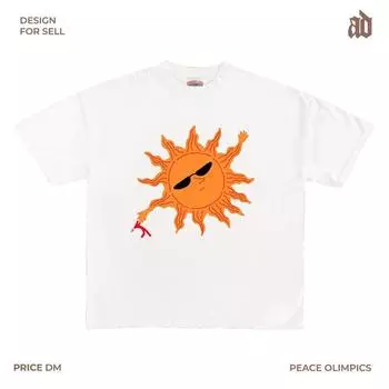 230G Lightweight Shoulder Style Funny Sun Print T-shirt Creative Pattern Casual All-Matching Tops American Style White XL