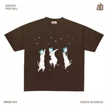 230G Lightweight Shoulder Summer Cat Dancing Illustration round Neck Short Sleeve T-shirt Niche Style Unique Anime Mocha XL