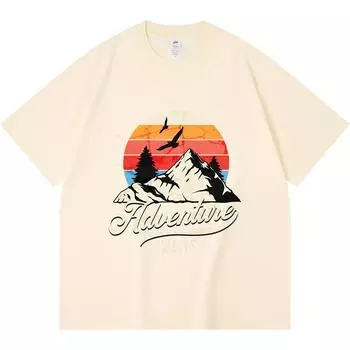 230GSM 100% Cotton T-Shirt Adventure Await Wilderness Camping Print Tees Funny Harajuku Style Combed Cotton Tshirt XS абрикосовый