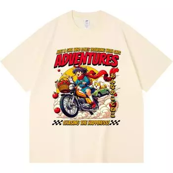 230GSM 100% Cotton T-Shirt Adventures Chasing The Happiness Anime Girl Print Tees Funny Harajuku Style Combed Cotton Tshirt XS абрикосовый